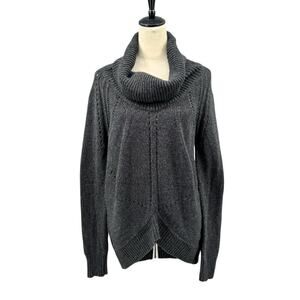 LOFT Charcoal Gray Wool Blend Open Knit Cowl Neck Asymmetrical Hem Sweater
